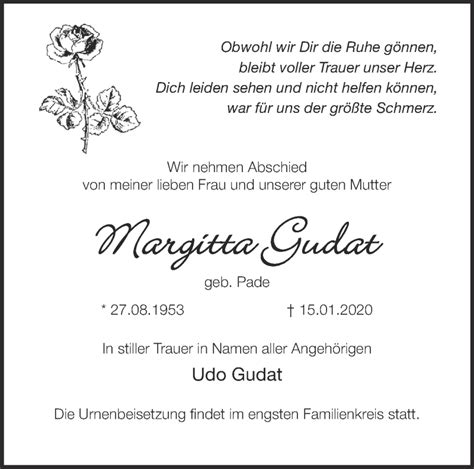 Traueranzeigen Von Margitta Gudat M Rkische Onlinezeitung Trauerportal