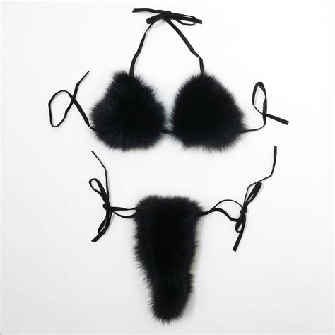 BLACK Real Fox Fur Bikini One Size Bikini Set Etsy