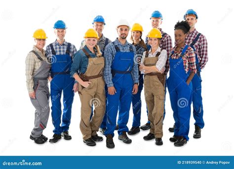 Full Length Portrait Of Happy Carpenters Stock Photo Image Of