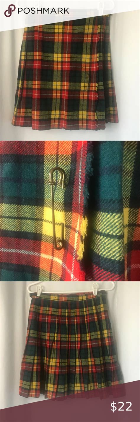 Vintage Wool Tartan Plaid Kilt Style Skirt W Original Safety Pin Red