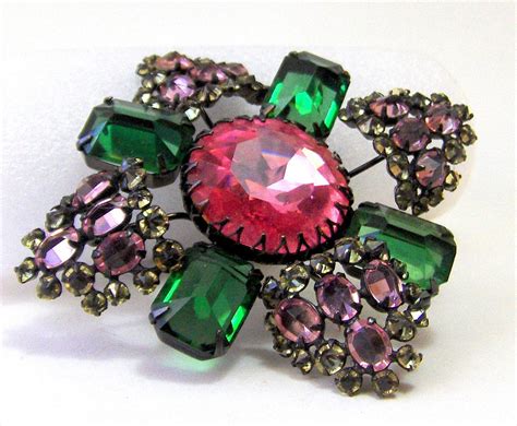 Huge Schreiner Pink Green Inverted Stones Facted Pink Rhinestone Brooch