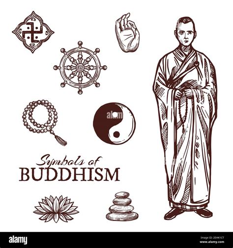 Buddhism religion sketch symbols. Vector icons of Buddha hand and ...