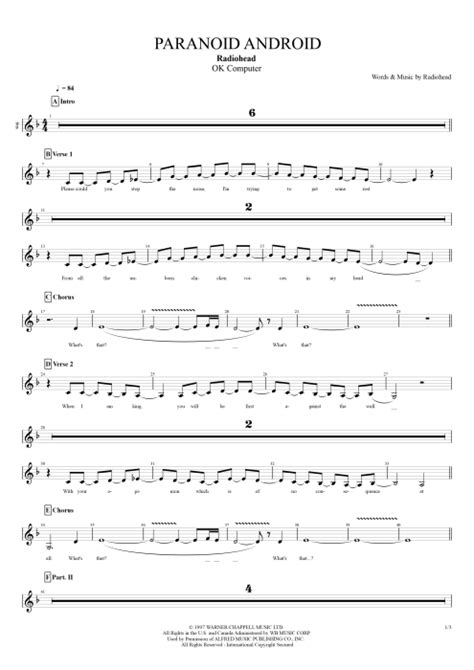 Paranoid Android Tab By Radiohead Guitar Pro Full Score Mysongbook