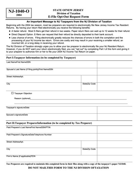 Fillable Form Nj 1040 O E File Opt Out Request Form 2004 Printable