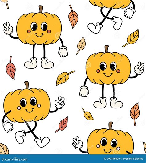 Vector Seamless Pattern Of Pumpkins And Leaves Stock Illustration