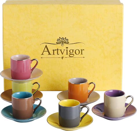 Artvigor Porzellan Kaffeeservice 12 Tlg Kaffeetassen Set Mit 6 Espressotassen 80 Ml 6