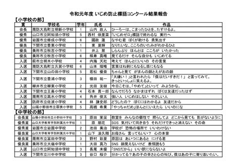 「いじめ防止標語コンクール」の審査結果を掲載しました｜令和元年度｜お知らせ｜山口県pta連合会