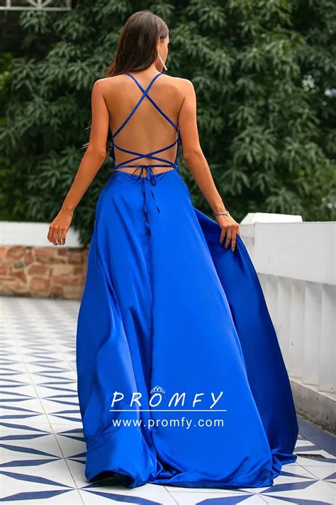 Sexy Royal Blue Satin Spaghetti Straps Slit Prom Dress Promfy