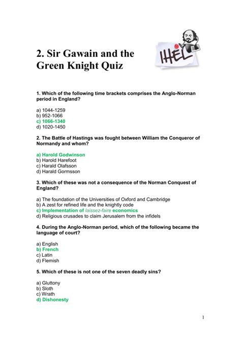 Sir Gawain And The Green Knight Quiz