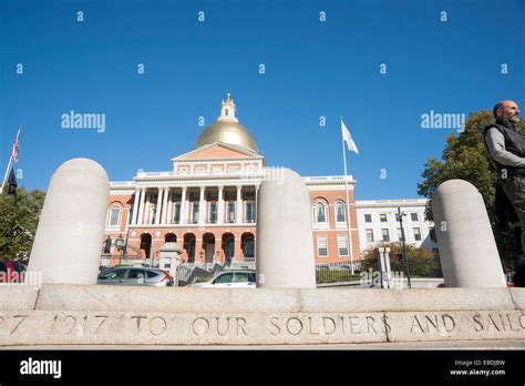 Boston State capital Building with the words engraved on memorial steps ...