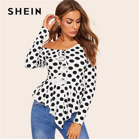 Shein Asymmetrical Neck Ruffle Trim Polka Dot Print Women Blouse Spring Elegant Long Sleeve Slim