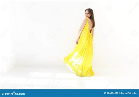 Portrait Von Sch Nem Elegantem Brunette M Dchen Mit Strahlendem L Cheln Im Sommerkleid Isoliert