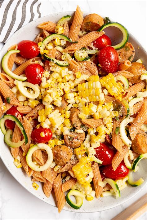 Inspiralized Zucchini And Grilled Corn Pasta With Chicken Sausage And