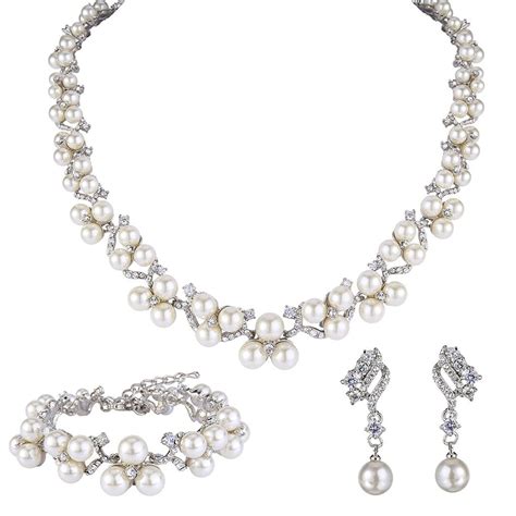 Austrian Crystal Cz Simulated Pearl Victorian Style Necklace Earrings