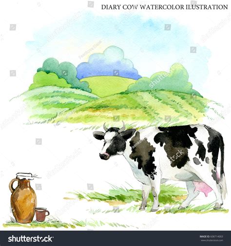 Dairy Cow Watercolor Illustration Milking Breed 库存插图 608714003