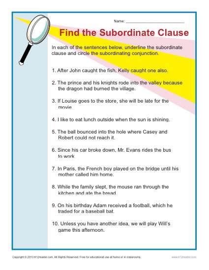 Subordinate And Main Clause Worksheet