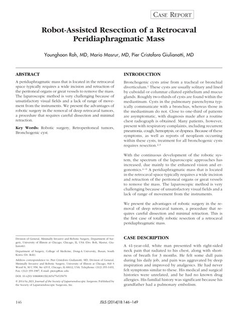 Pdf Robot Assisted Resection Of A Retrocaval Peridiaphragmatic Mass