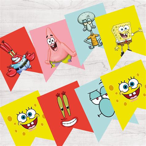 Banderines Imprimibles Editables Bob Esponja Cumpleaños Pdf Avisos en