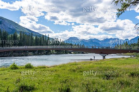 Banff Pedestrian Bridge And Bow River Trail In Summer Sunny Day Banff