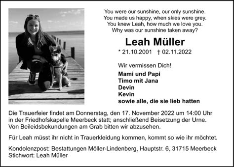 Traueranzeigen Von Leah M Ller Trauer Anzeigen De