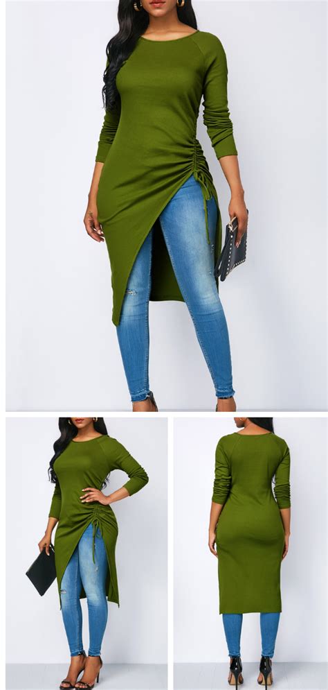 Army Green Long Sleeve Drawstring Side Blouse Fall Fashion Designer