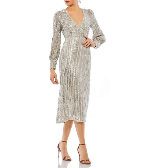 Mac Duggal Sequin V Neck Long Sleeve Sheath Midi Dress Dillards