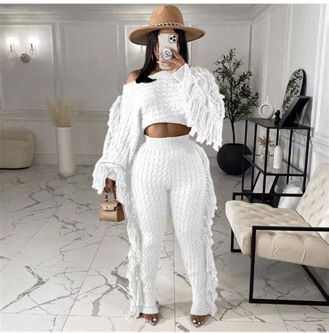 NRTHYE Sweater Sets for Women Knitted Tassels 2 Piece Outfits Solid Long Sleeve Crop Top And ...