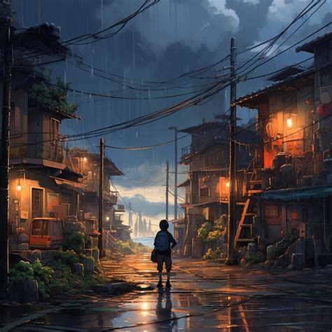 Premium AI Image | Anime scene of a person walking down a street in the ...