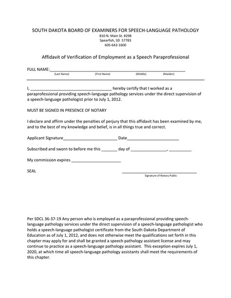 South Dakota Affidavit Of Verification Of Employment As A Speech