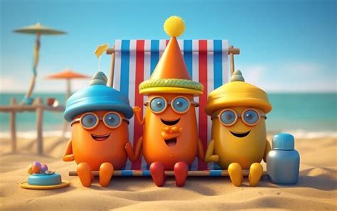 Premium Photo | 3d kids cartoon characters on the beach enjoying summer season