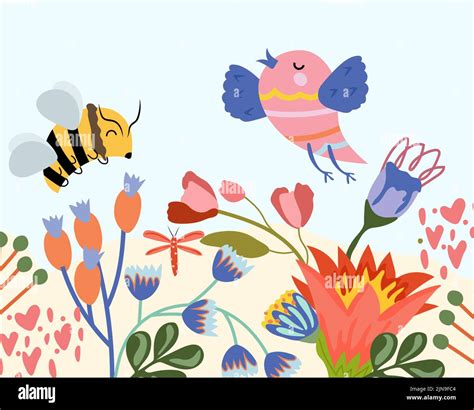 Vector Cute Illustration With Wildflowers Flowering Meadow And Honey