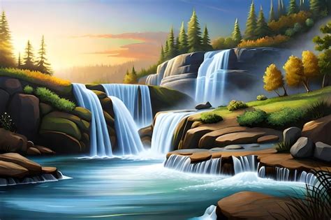 Premium AI Image | A painting of a waterfall with a sunset and the sun ...