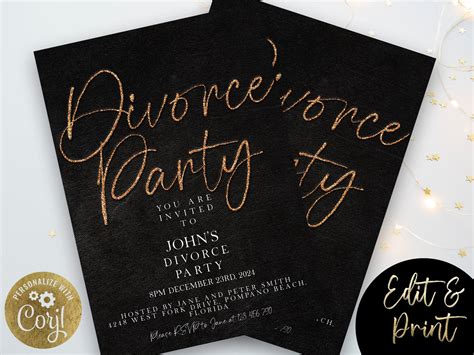 Divorce Party Invitation Editable Invite Gold Glitter Black Etsy