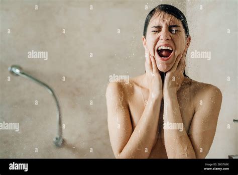 Woman Relaxing At Home In The Hot Shower Ritual Singing In Shower Relaxing Spa Night In Bathroom