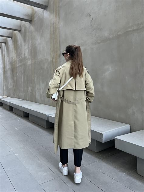 Bilek Detaylı Oversize Kuşaklı Nude Yeşili Trençkot