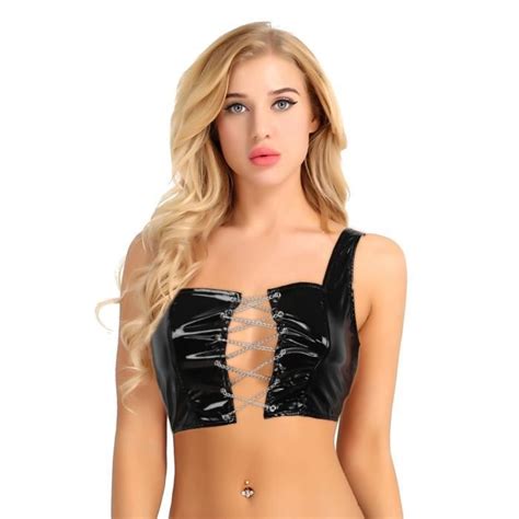 Bondage Soutien gorge Sexy Femme Cuir Verni Top Wetlook Lingerie Chaîne