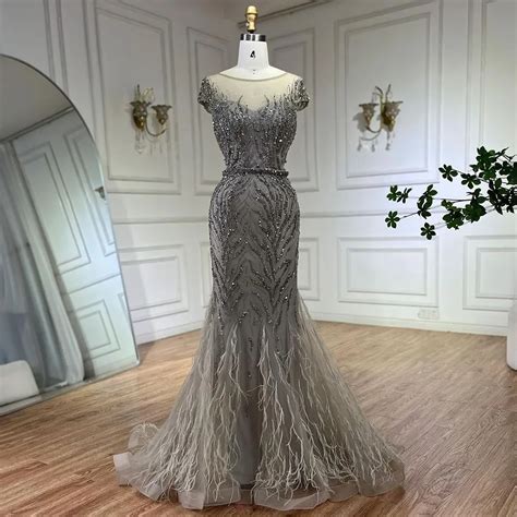 Serene Hill Arabic Gray Elegant Mermaid Beaded Feathers Evening Dresses