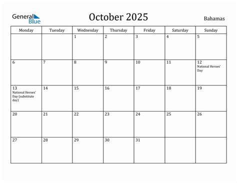 October 2025 - Bahamas Monthly Calendar with Holidays