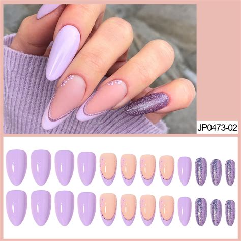 Boninggg Nail Patch Light Purple Glitter French Style Removable