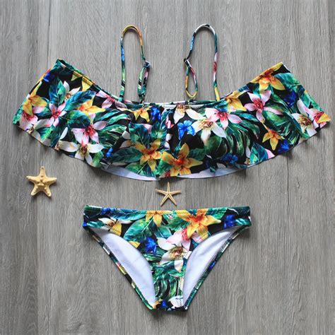 Women Swimwear Lotus Leaf Bikinis 2017 Flower Print Off Shoulder Bikini