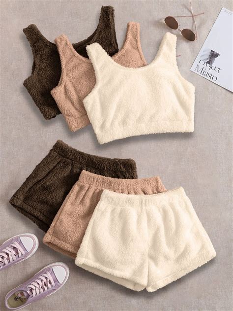 6pcs Solid Flannel Tank Top And Shorts Lounge Set Pijama Giysiler Kadın Iç Giyim