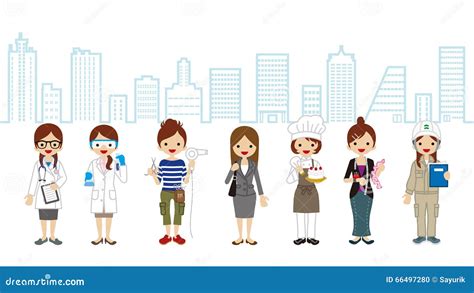 Various Women Occupation Cityscape Background Stock Vector Illustration Of Architect Doctor