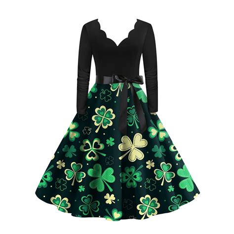 Dndkilg Womens St Patricks Dress Shamrock Clover Green Vintage V Neck