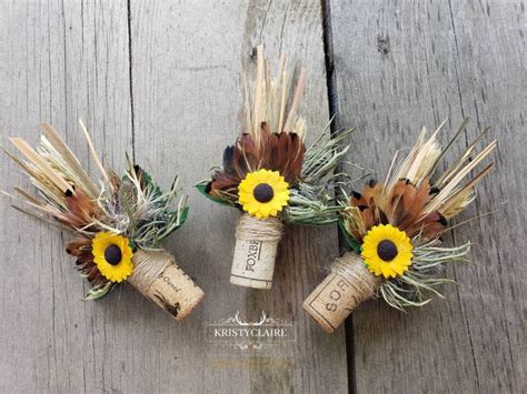 Sunflower Wine Cork Boutonniere With Wheat Grass Thistle Pheasant