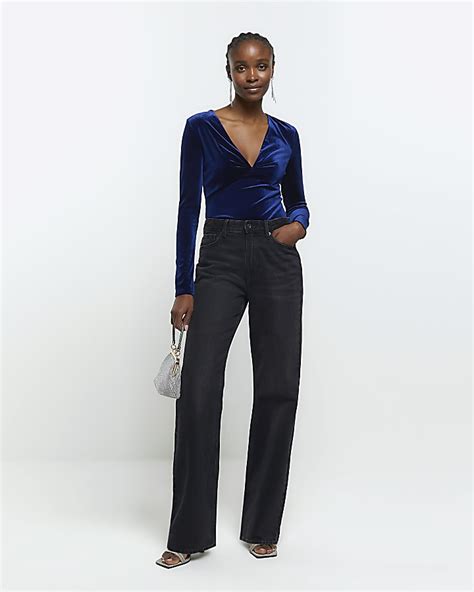 Blue Velvet Plunge Bodysuit River Island