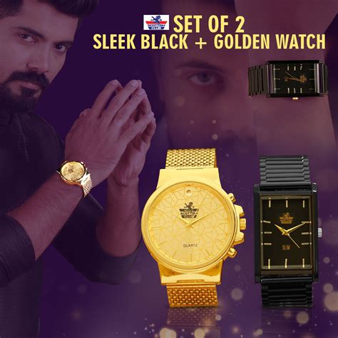 Buy Set of 2 Sleek Black + Golden Watch Online at Best Price in India on Naaptol.com