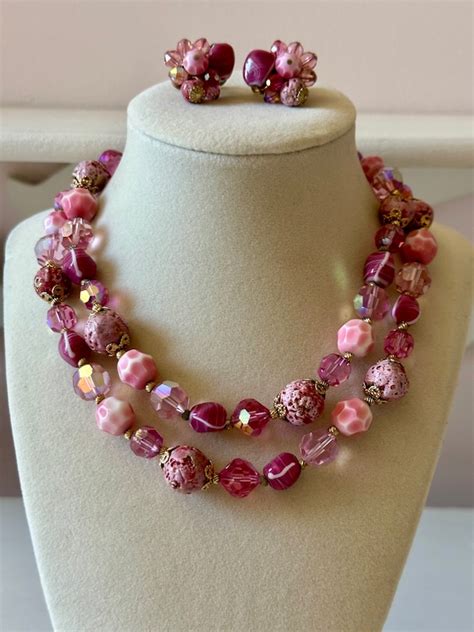 Vintage Vendome Pink Art Glass Double Strand Necklace Gem