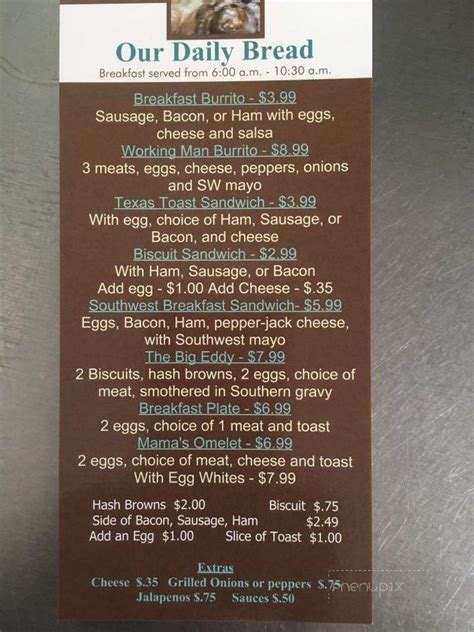 Menu Of Our Daily Bread In Eddyville Ky