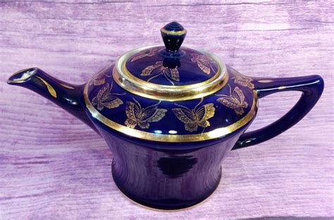 Vintage Hall Teapot Cobalt Blue With Gold Trim And Gold Butterflies