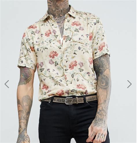 Regular Fit Satin Viscose Shirt With Floral Design In Ecru Ecru Men S